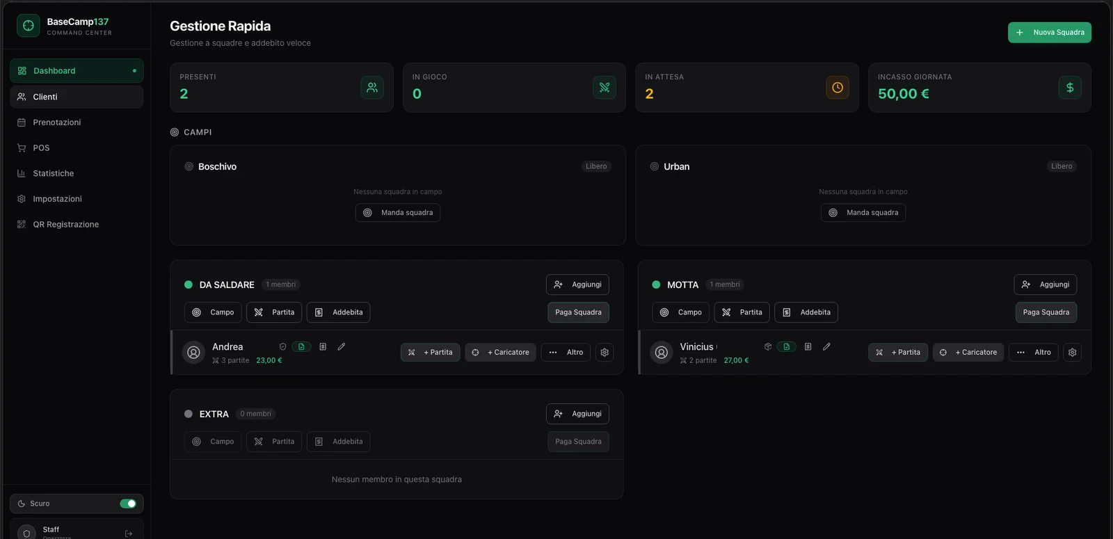 Dashboard di BaseCamp137: squadre in campo, partite e incasso della giornata