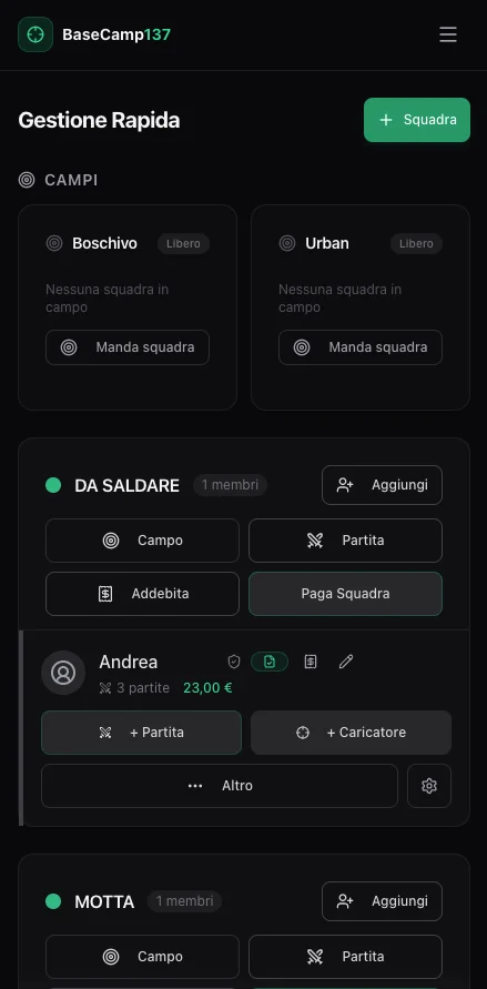BaseCamp137 da telefono: gestione rapida di squadre, partite e caricatori