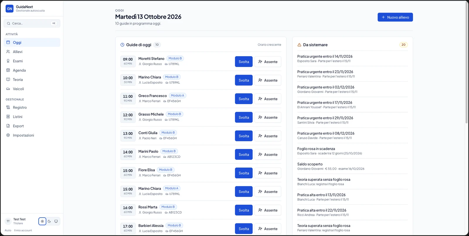 Schermata Oggi di GuidaNext: guide del giorno e pratiche da sistemare
